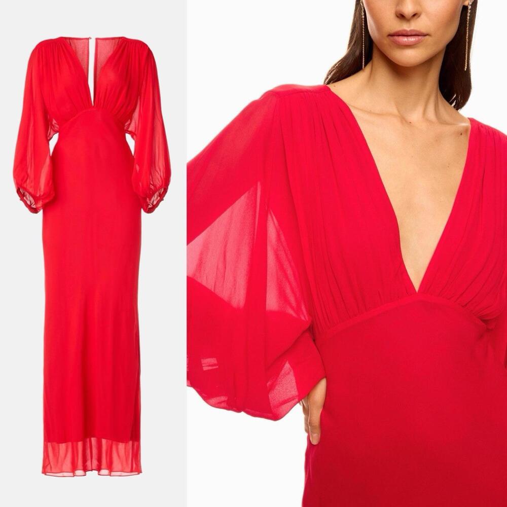 Shona Joy Red Long Sleeve V-Neck Evening Gown